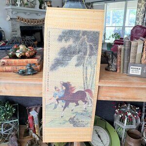 Large vintage Asian woven bamboo scroll with a horse